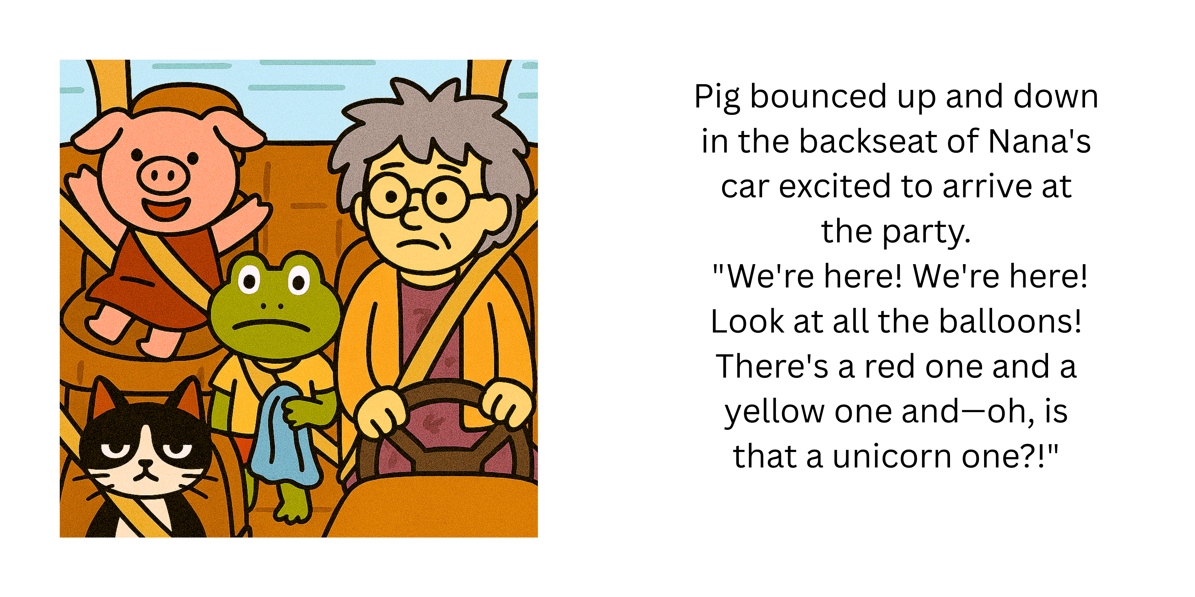 Two-page spread showing an excited Pig travelling to a birthday party with Frog, Cat and Nana.