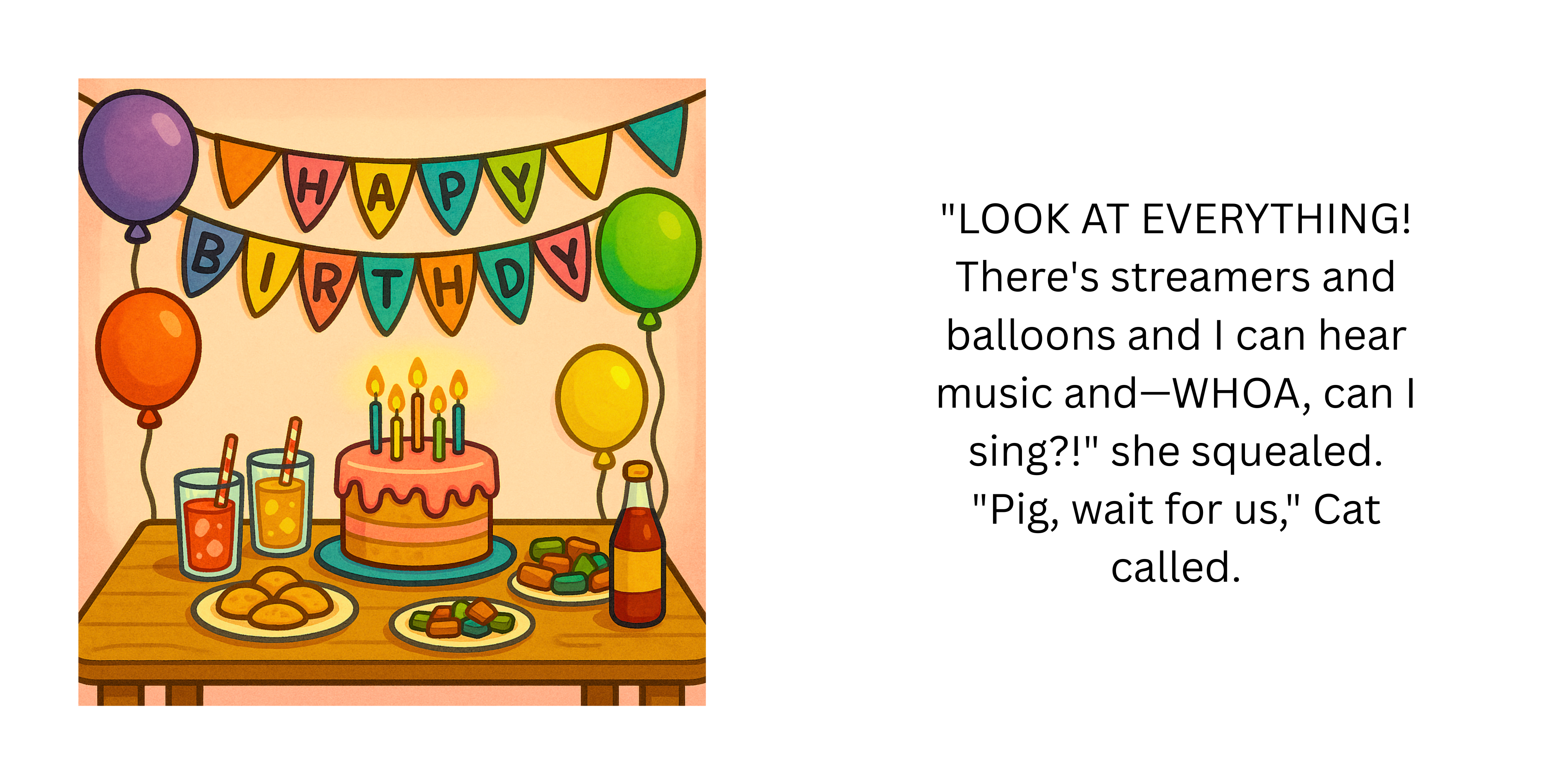 Two-page spread showing a birthday table decorated with balloons, bunting, cake and party food.