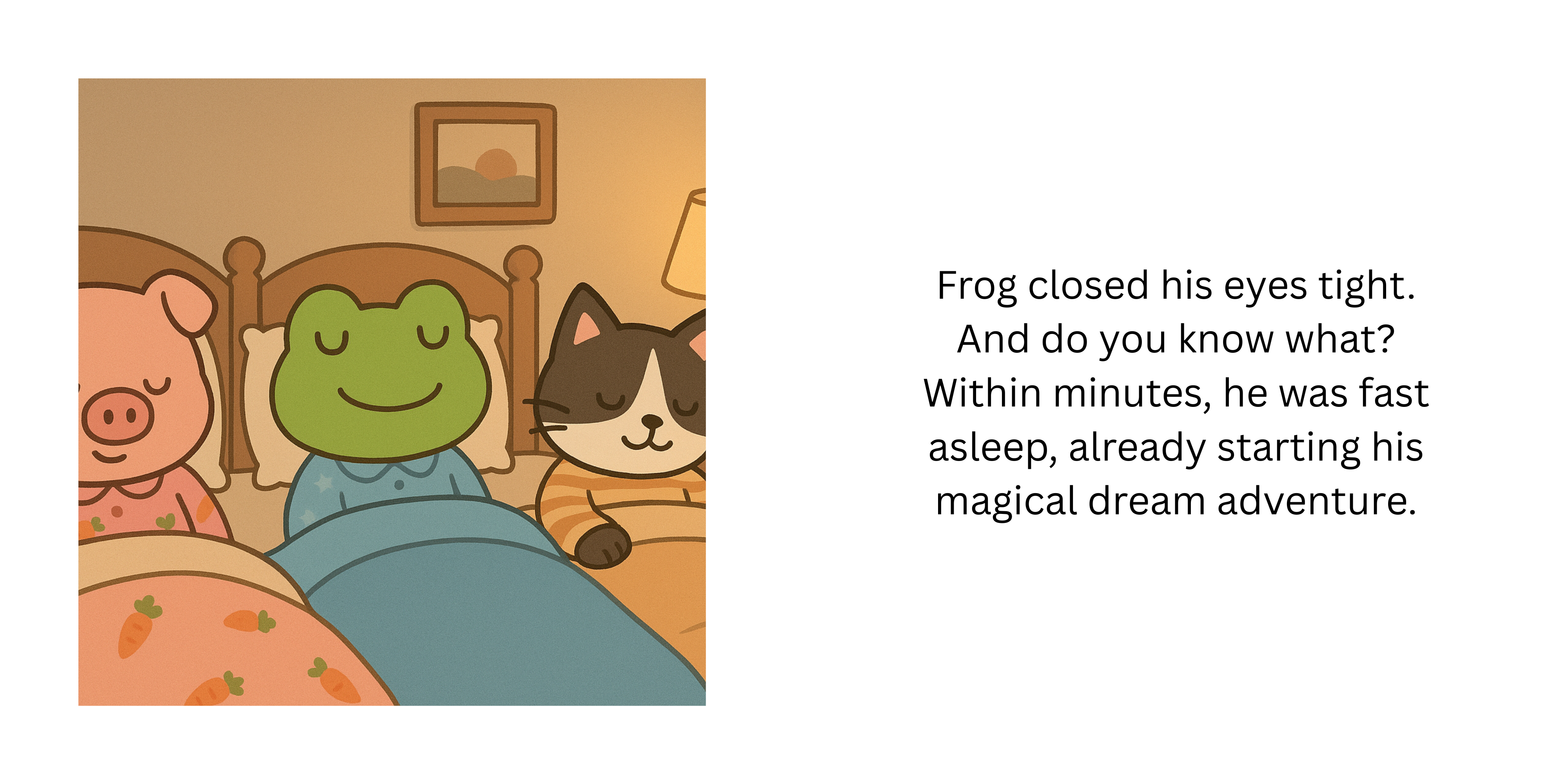 Two-page spread showing Pig, Frog and Cat asleep together in bed.