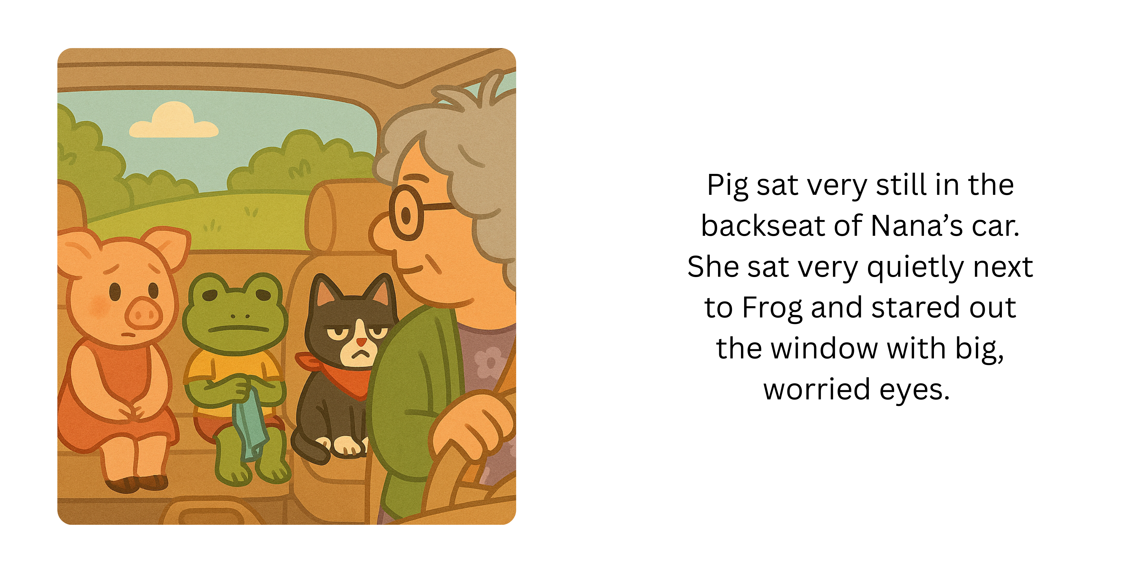 Two-page spread showing a worried Pig riding in Nana’s car with Frog and Cat.