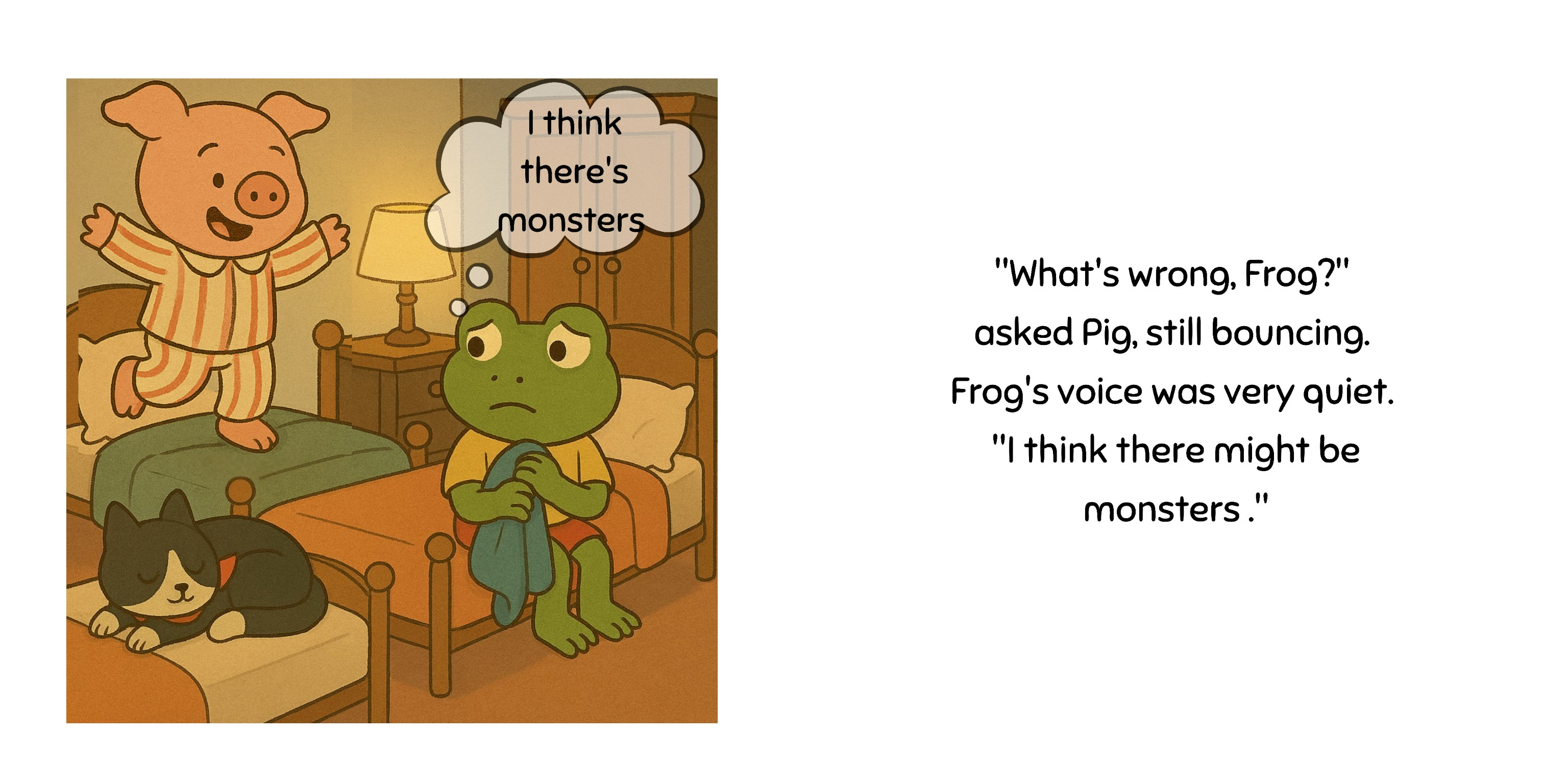Two-page spread from The Magic Monster Stick showing Pig bouncing on a bed while Frog worries about monsters and Cat sleeps nearby.
