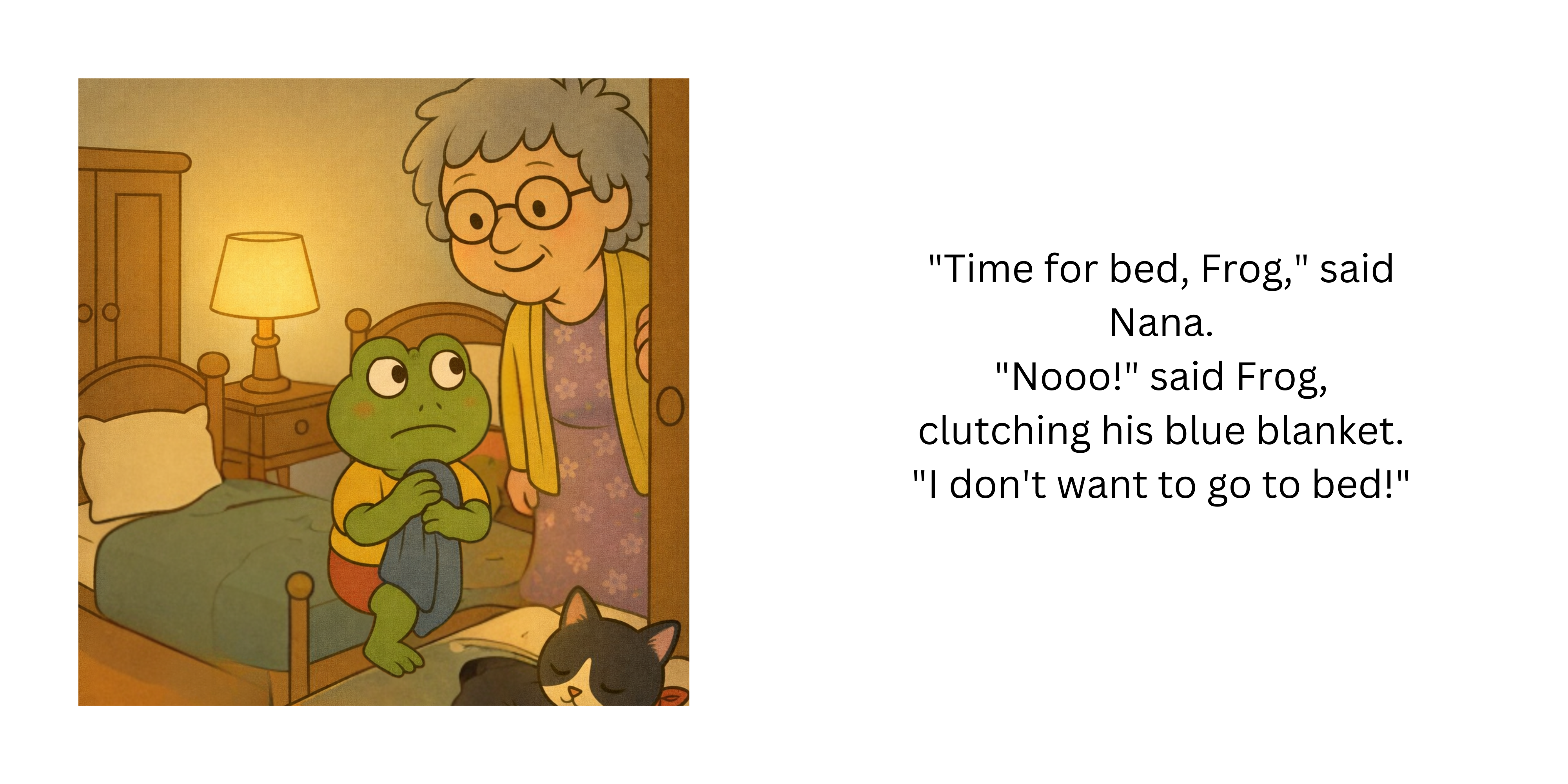 Two-page spread showing Frog clutching his blanket as Nana tells him it is bedtime.