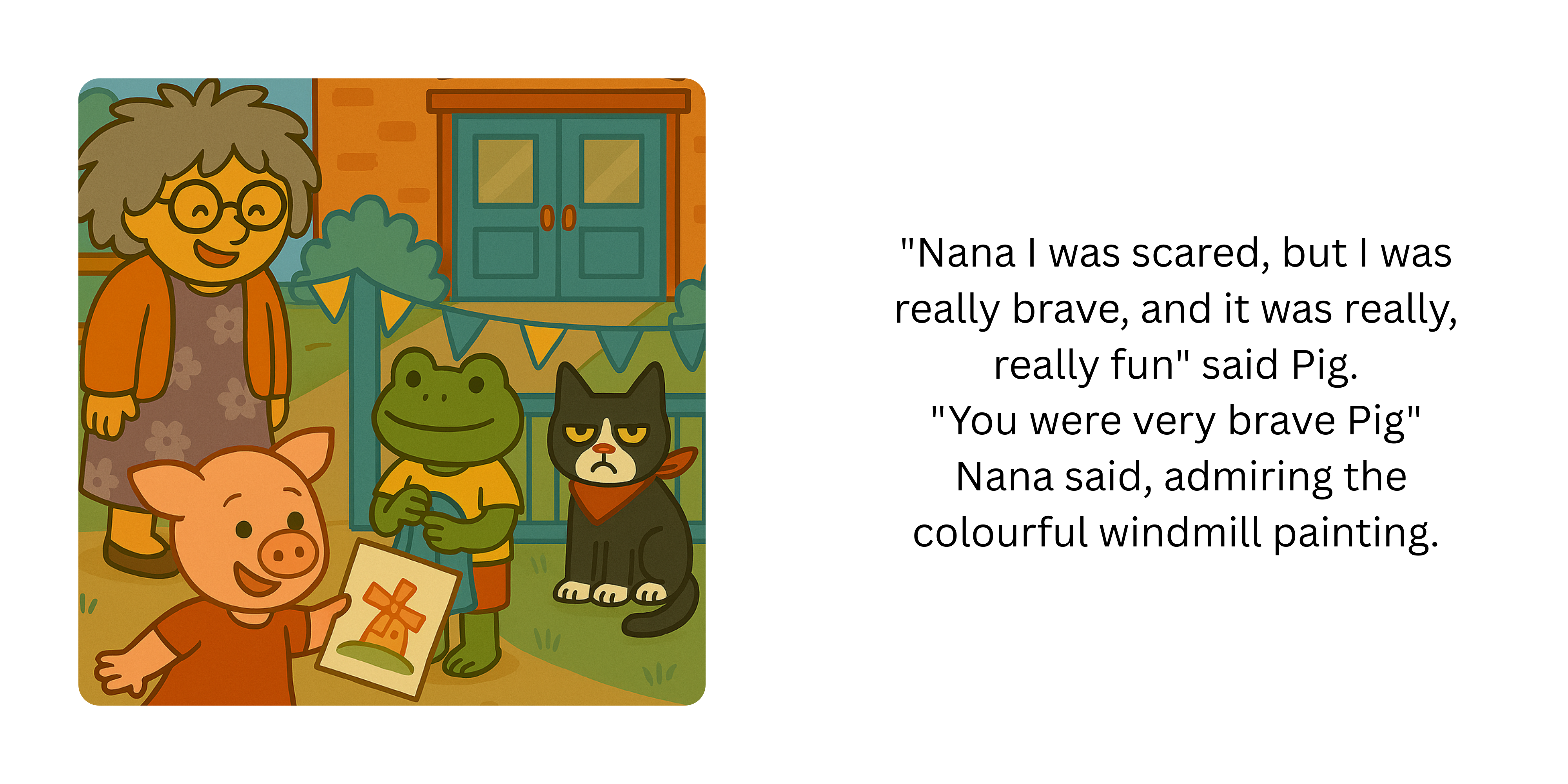 Two-page spread showing Pig sharing her painting with Nana, Frog and Cat after school.