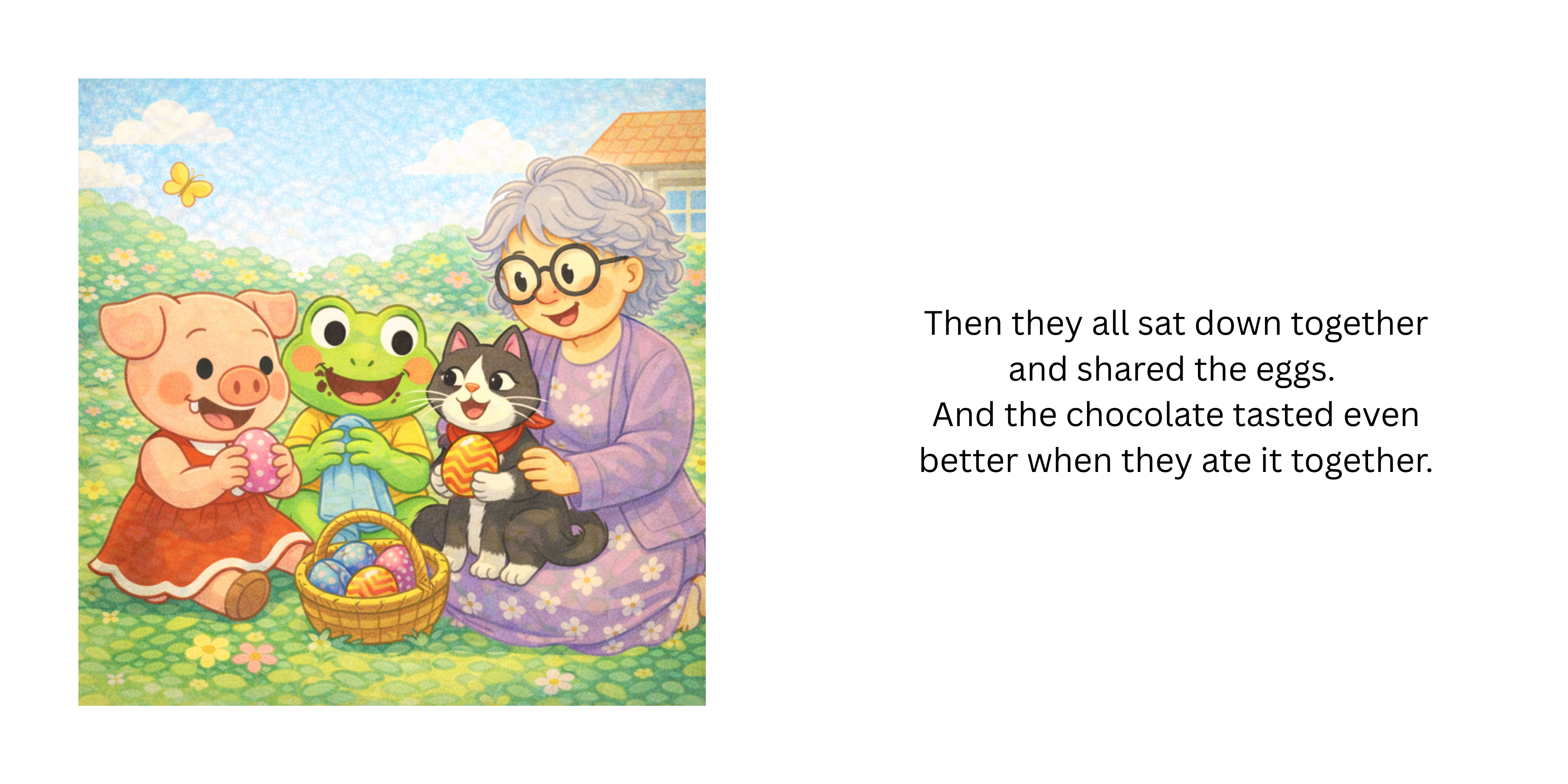 Two-page spread showing Nana, Pig, Frog and Cat sharing their Easter eggs in the garden.
