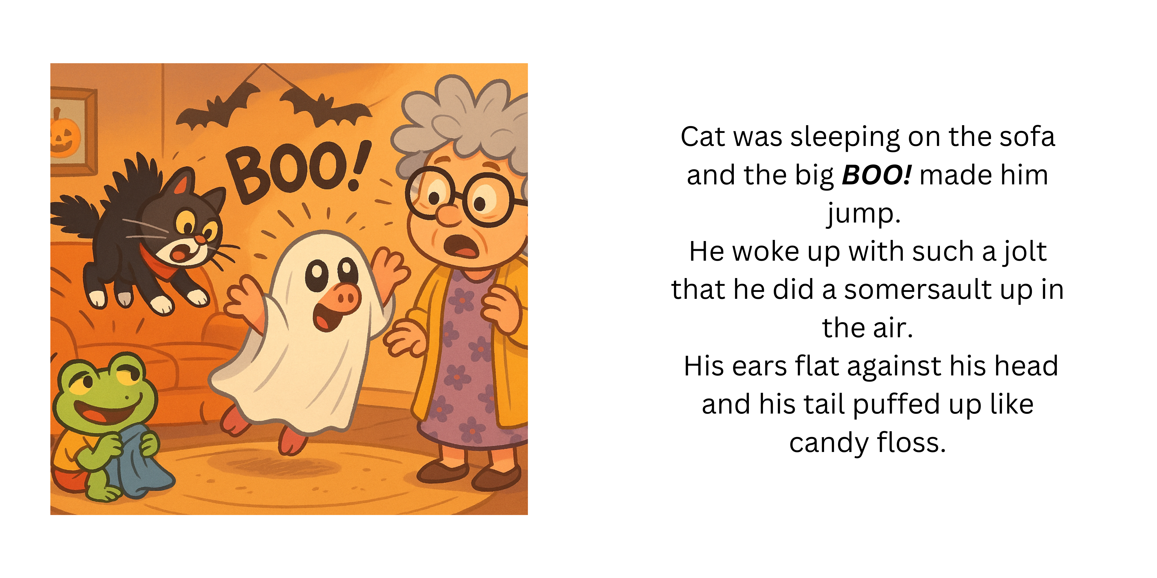 Two-page spread showing Pig dressed as a ghost startling Cat beside Frog and Nana.