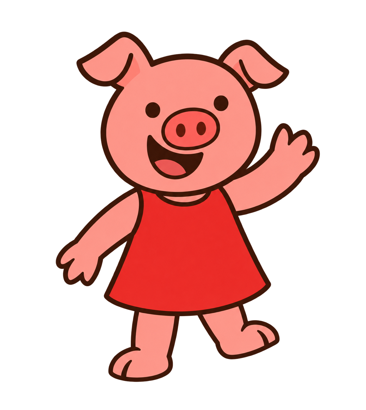 Pig smiling and waving in a red dress