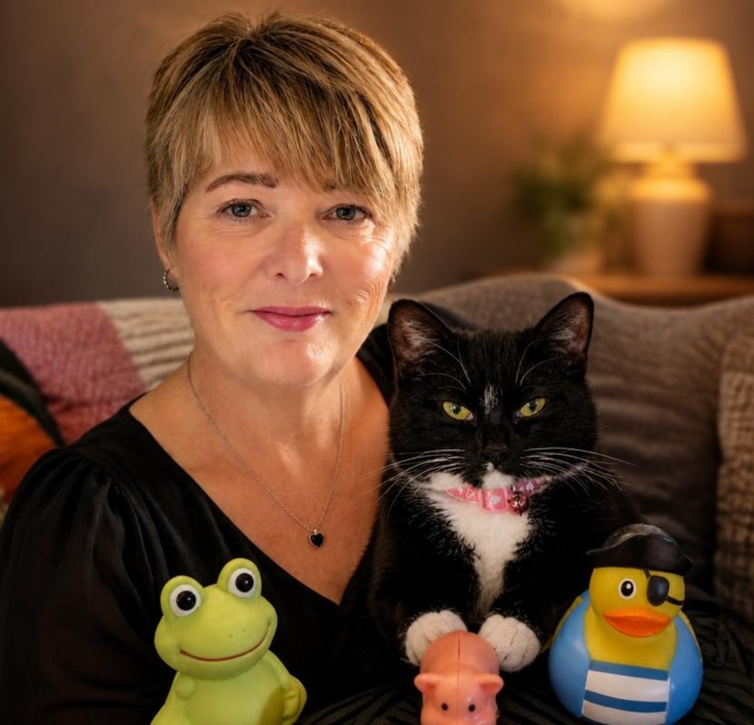 Carol McMahon with Saffy the tuxedo cat and Pocket Mayhem character figures
