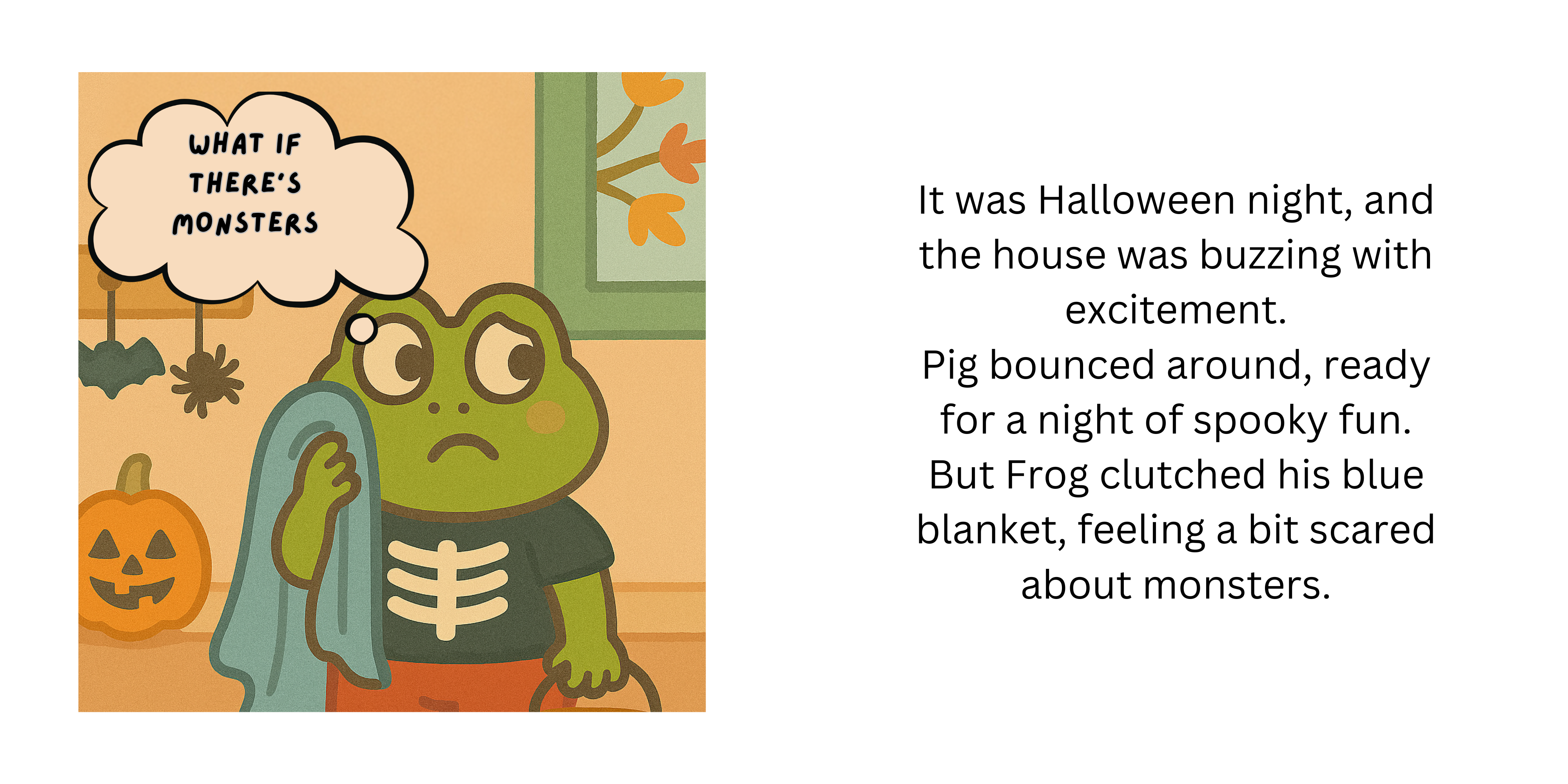 Two-page spread showing Frog in a skeleton costume clutching his blanket on Halloween night.