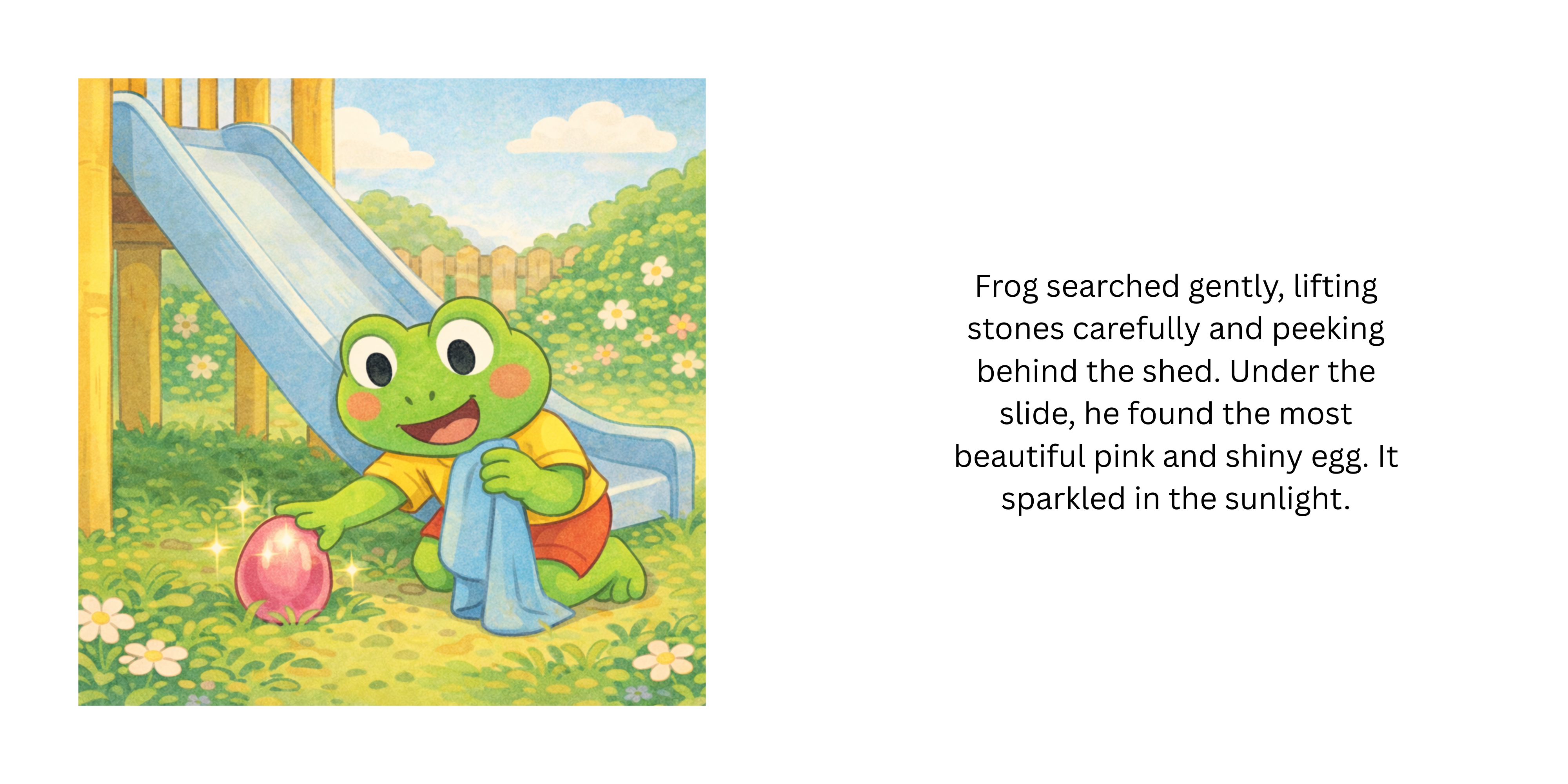 Two-page spread showing Frog finding a shiny pink Easter egg beneath a slide.