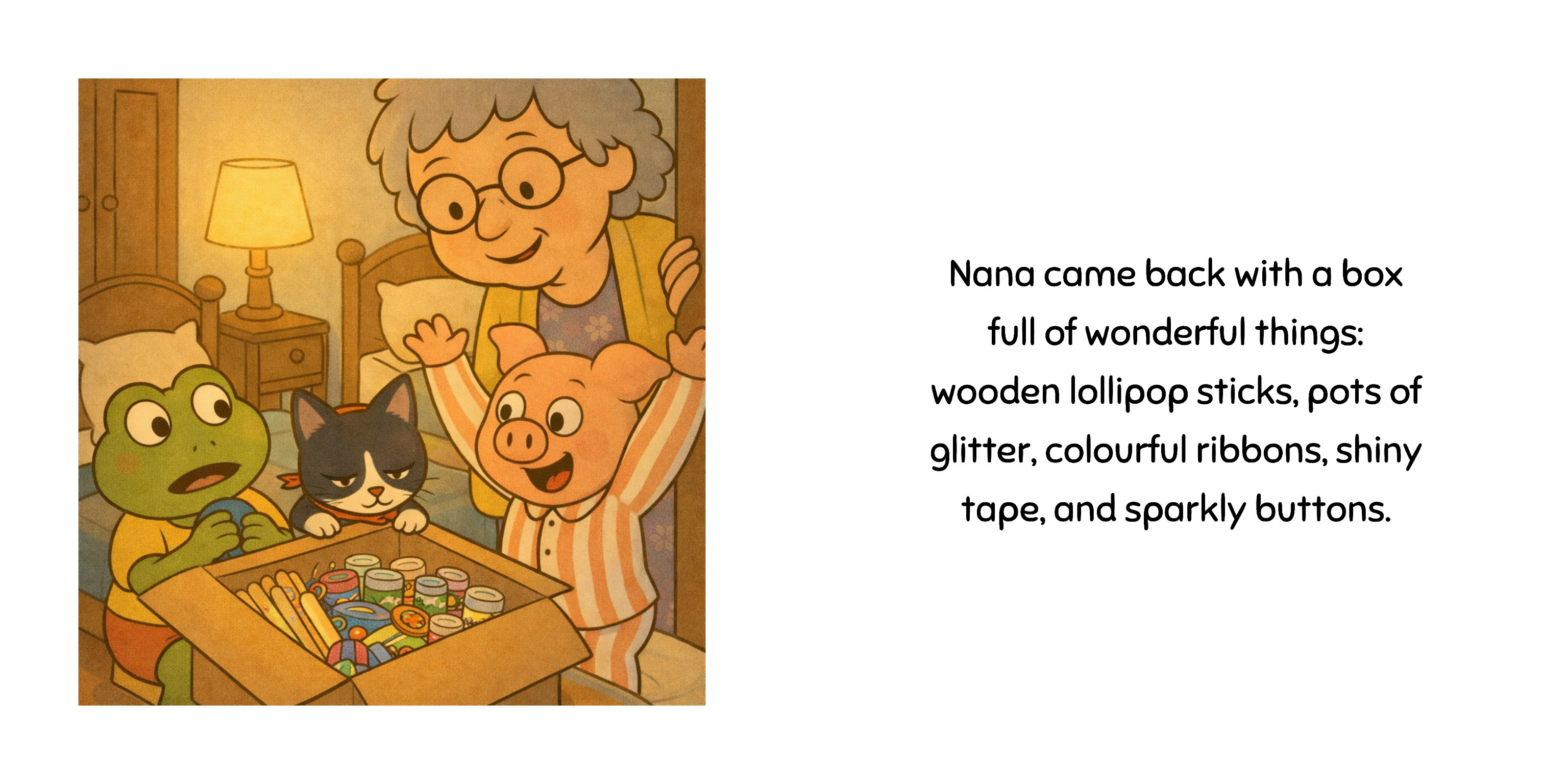Two-page spread from The Magic Monster Stick showing Nana bringing Frog, Cat and Pig a box of craft materials.
