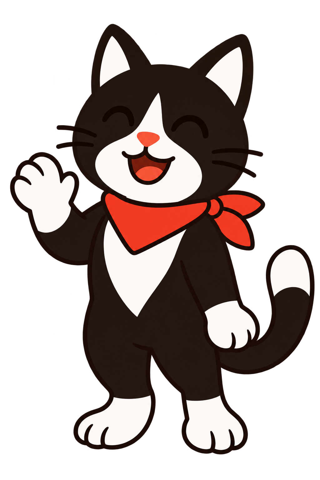 Cat, a smiling black-and-white tuxedo cat wearing a red bandana