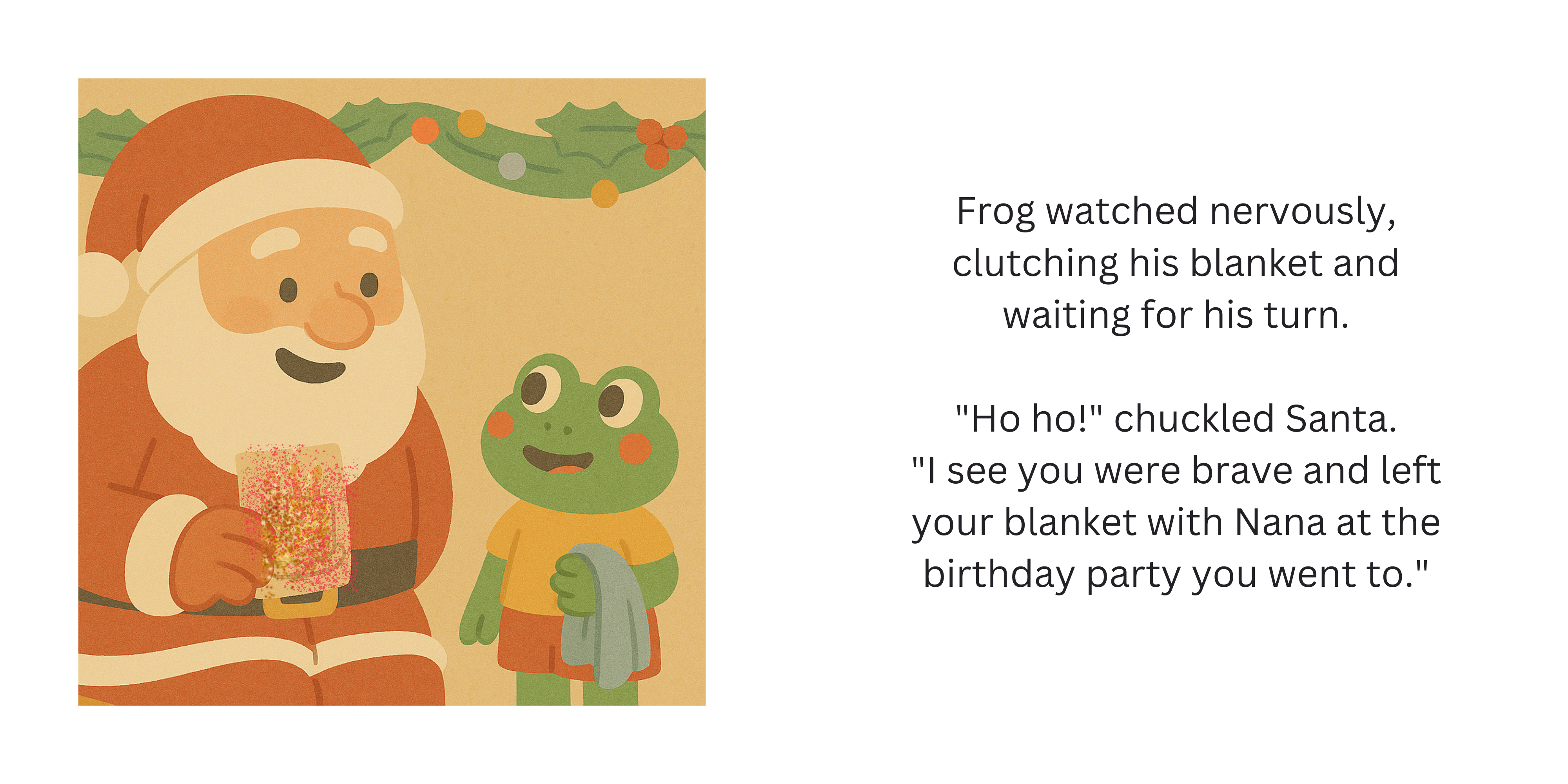 Two-page spread showing Santa giving Frog a glittery present while Frog holds his blanket.