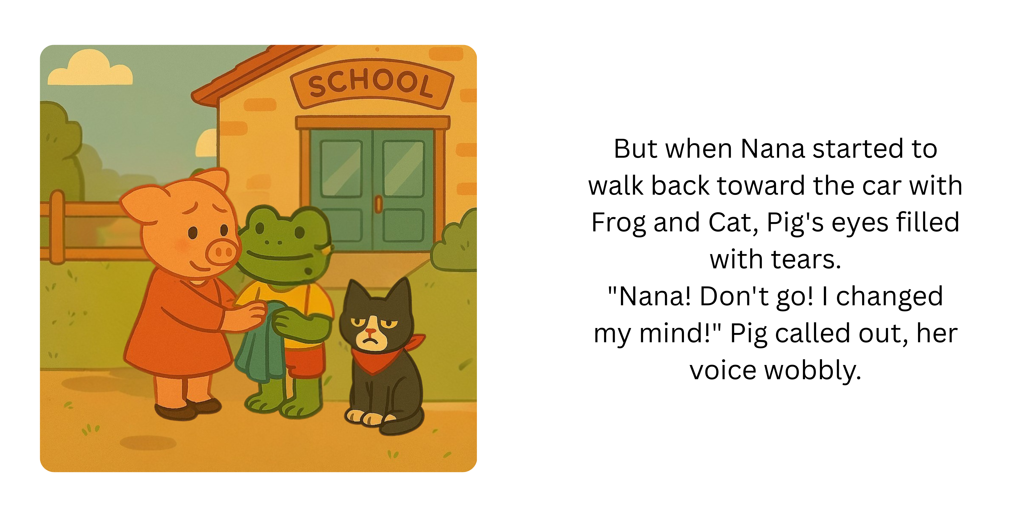 Two-page spread showing Pig saying goodbye to Frog and Cat outside the school.