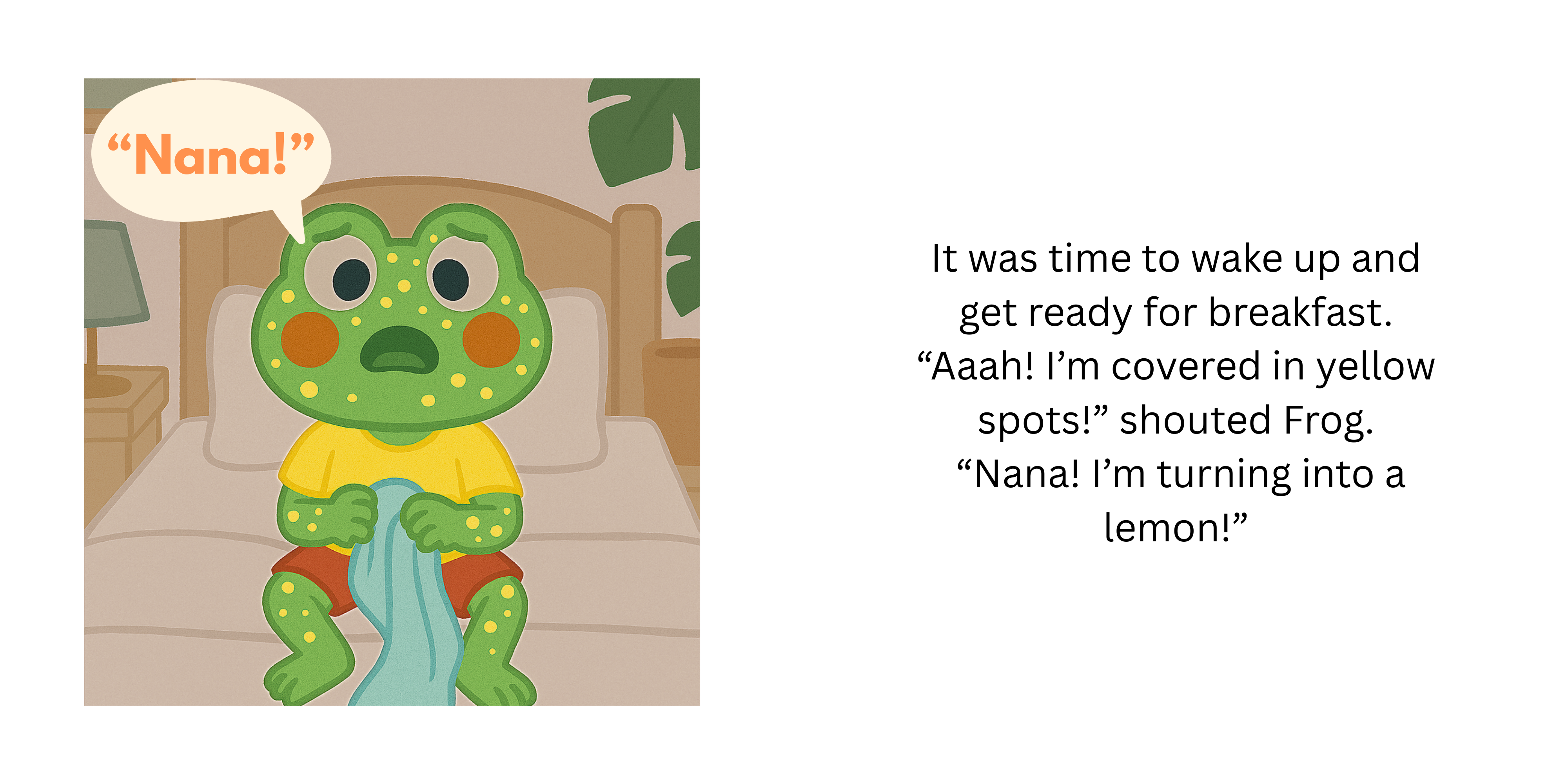 Two-page spread showing Frog covered in yellow spots as he calls for Nana from bed.