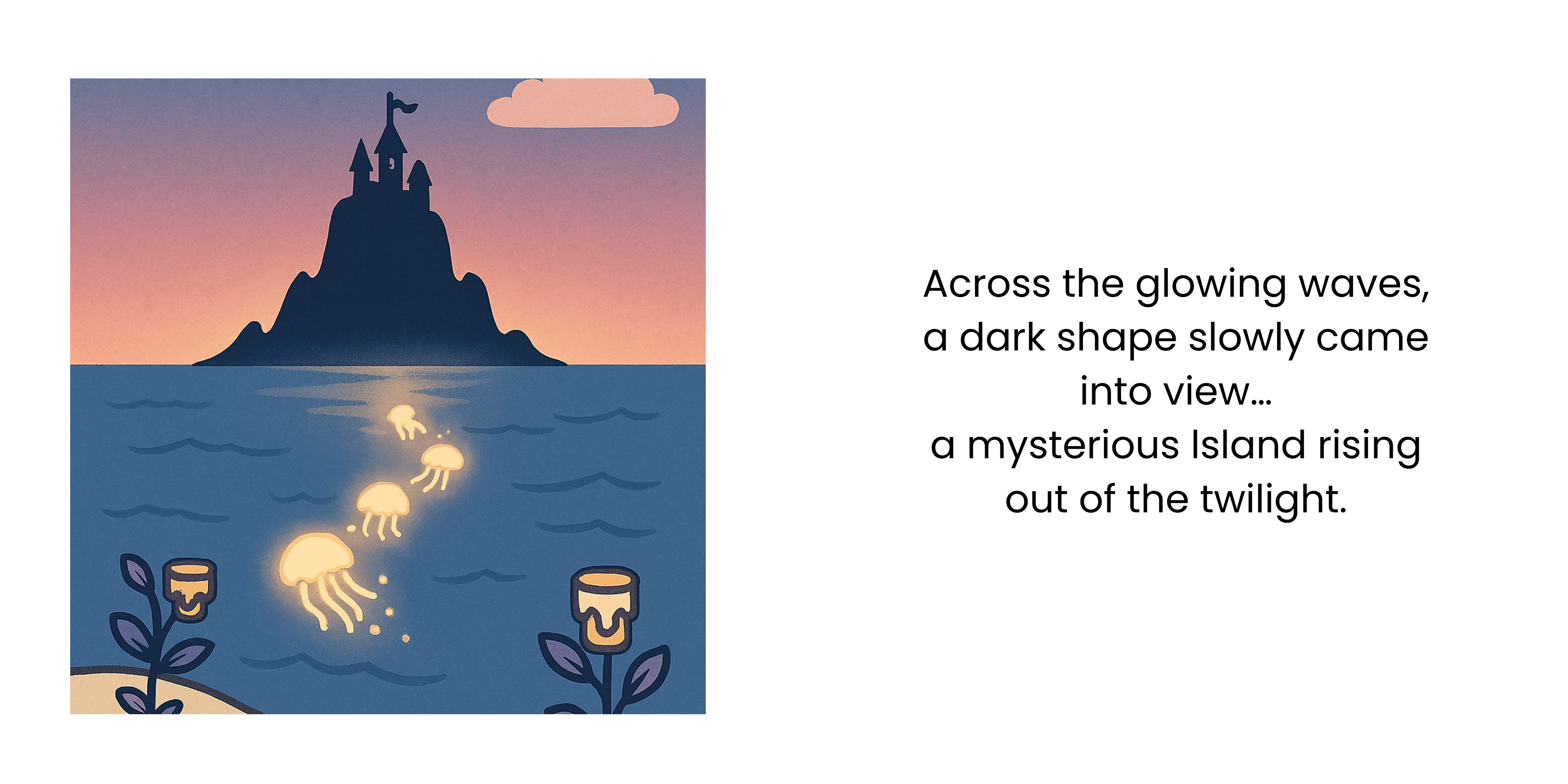 Two-page spread showing glowing jellyfish leading across the sea towards a mysterious island.