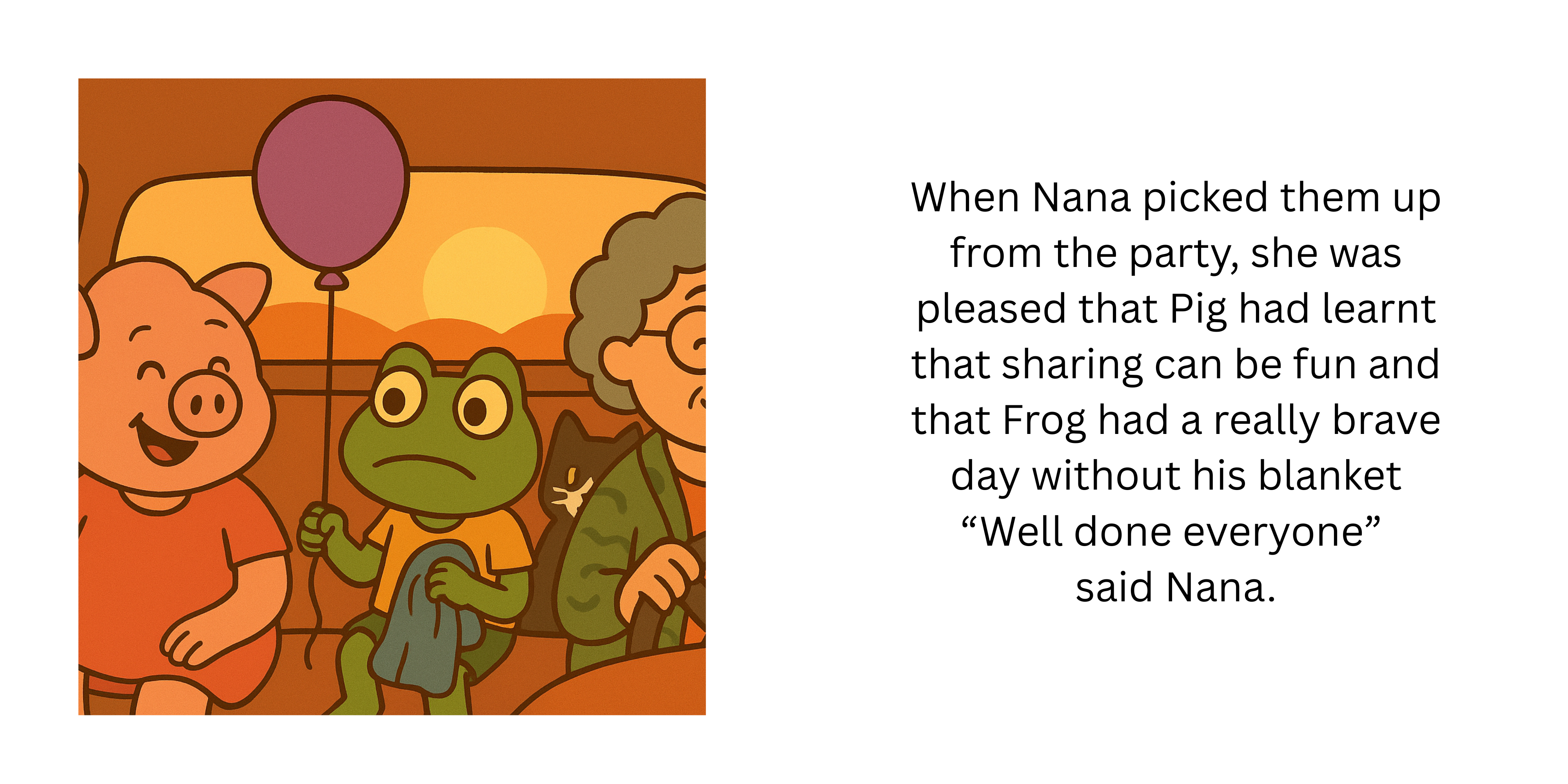 Two-page spread showing Pig, Frog and Nana travelling home from the birthday party.