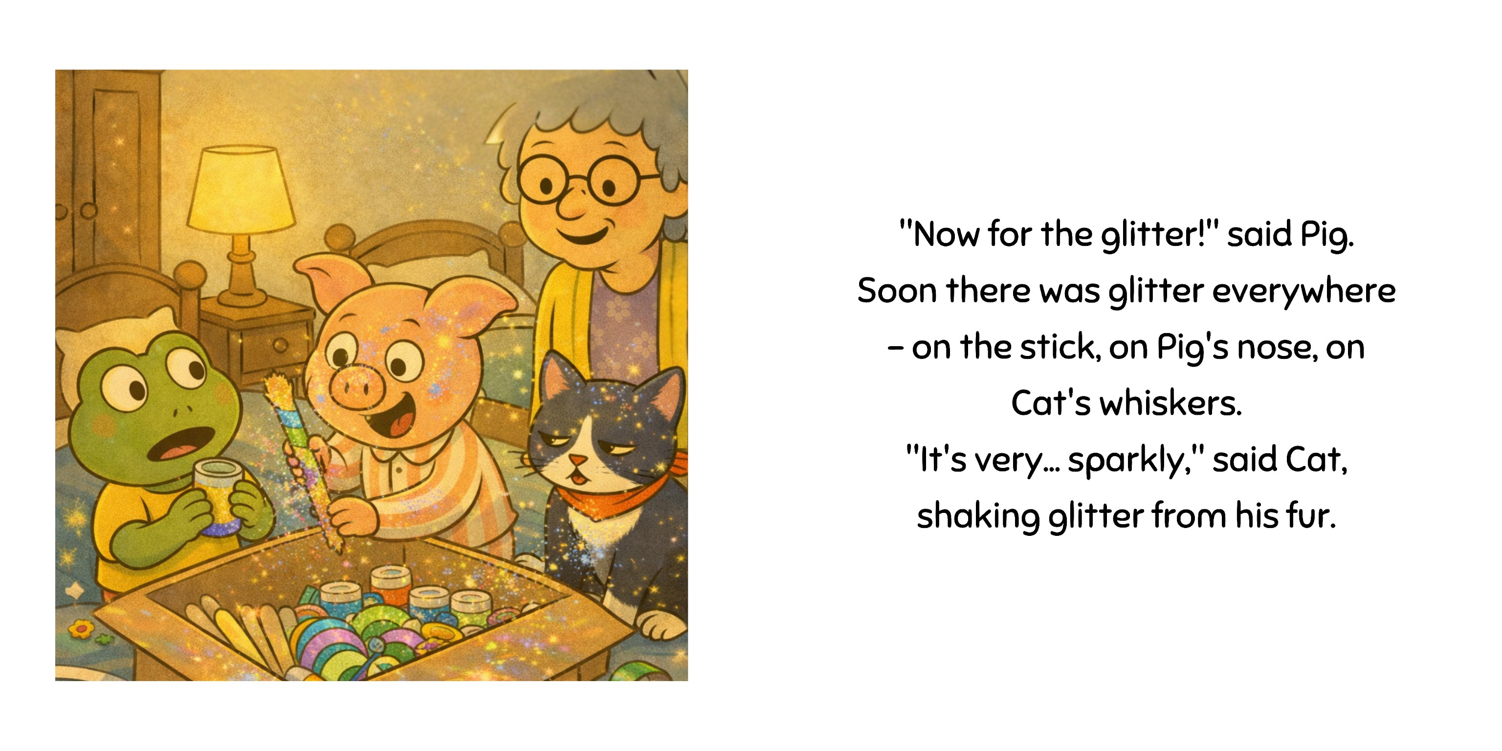 Two-page spread from The Magic Monster Stick showing Pig decorating a stick with glitter beside Frog, Cat and Nana.
