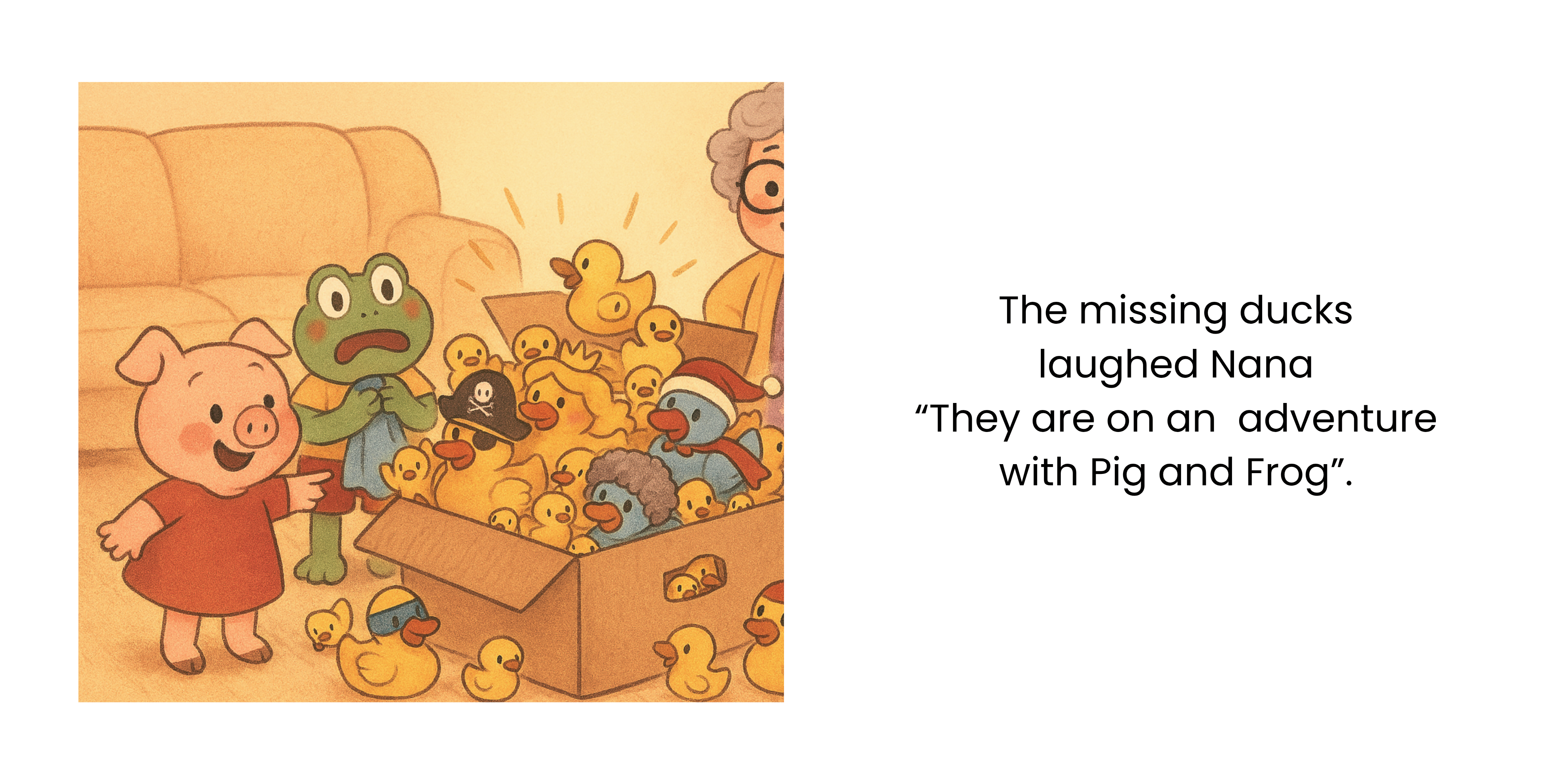 Two-page spread showing Pig, Frog and Nana surrounded by the missing toy ducks.