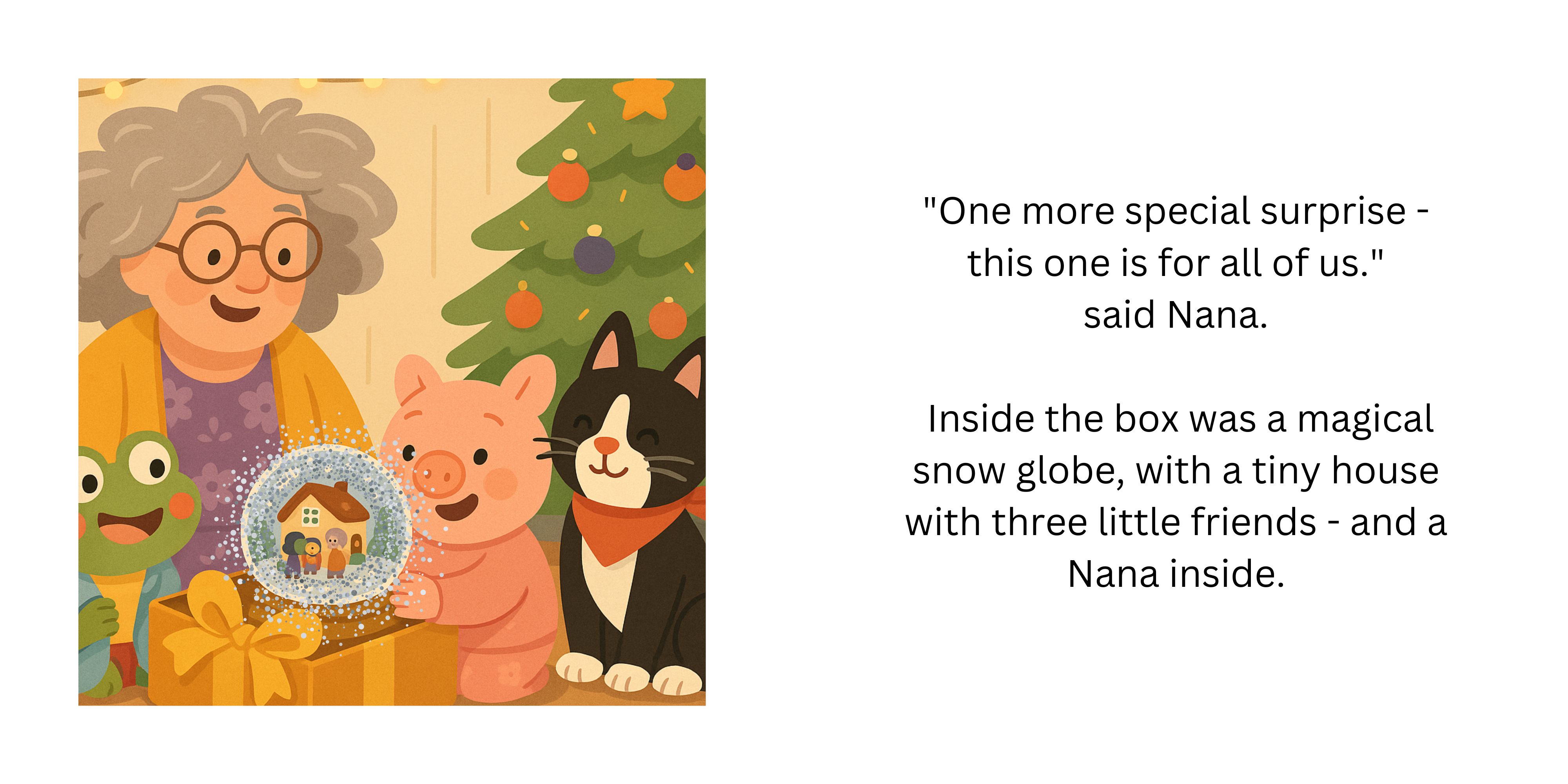 Two-page spread showing Nana, Pig, Frog and Cat admiring a magical snow globe beside the Christmas tree.