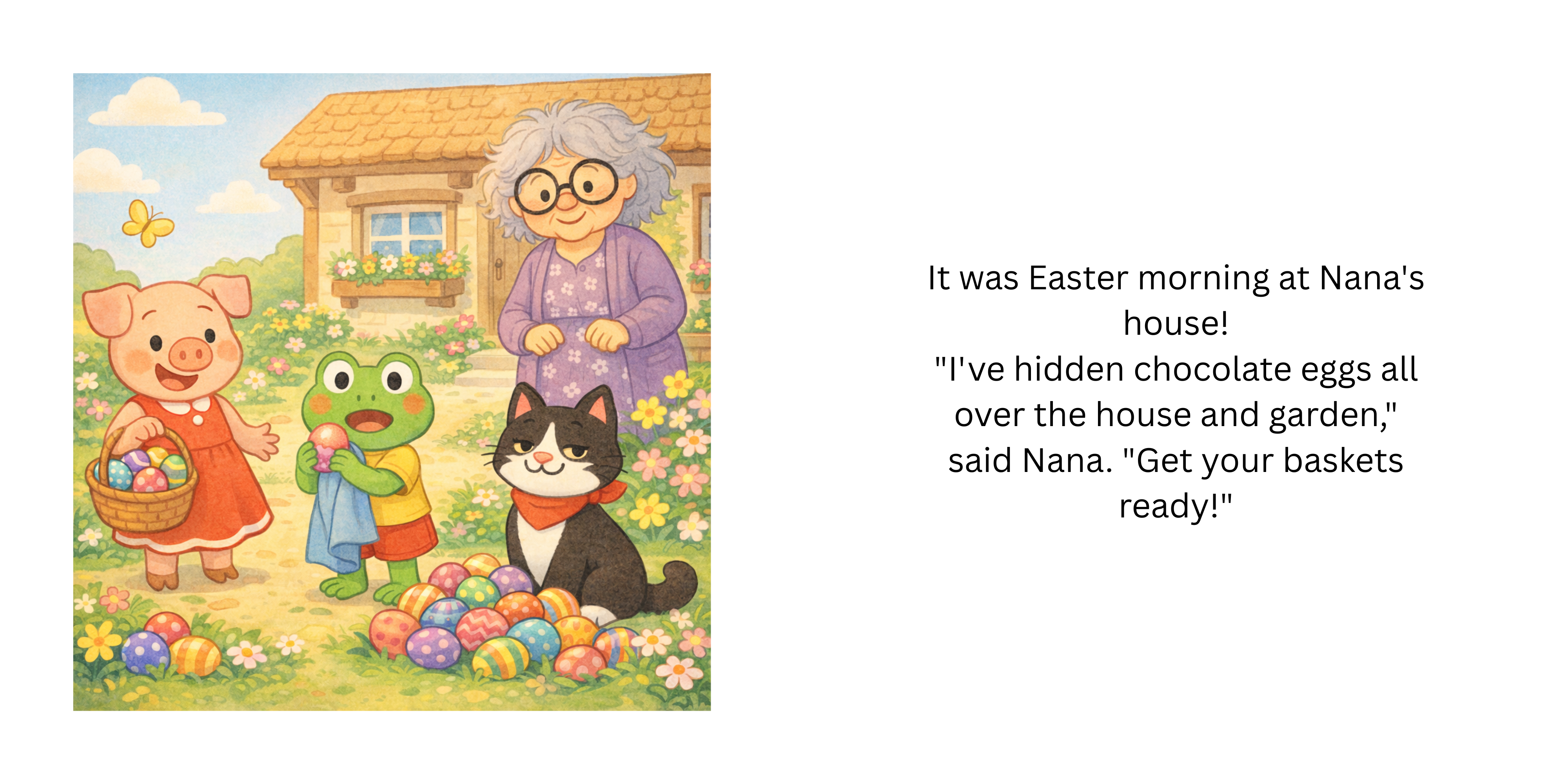 Two-page spread showing Nana, Pig, Frog and Cat ready for an Easter egg hunt in the garden.