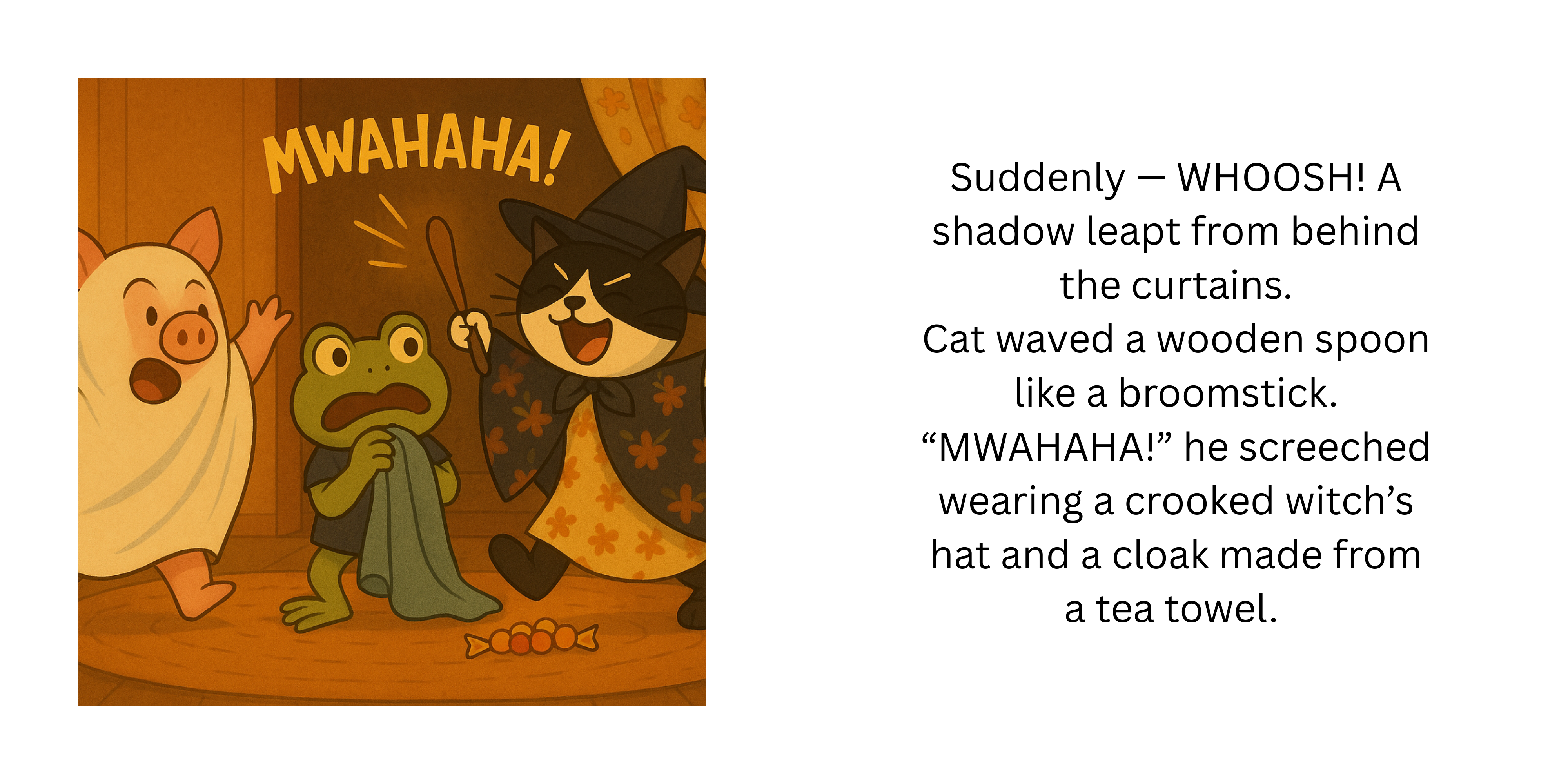 Two-page spread showing Cat dressed as a witch surprising Frog and Pig from behind the curtains.