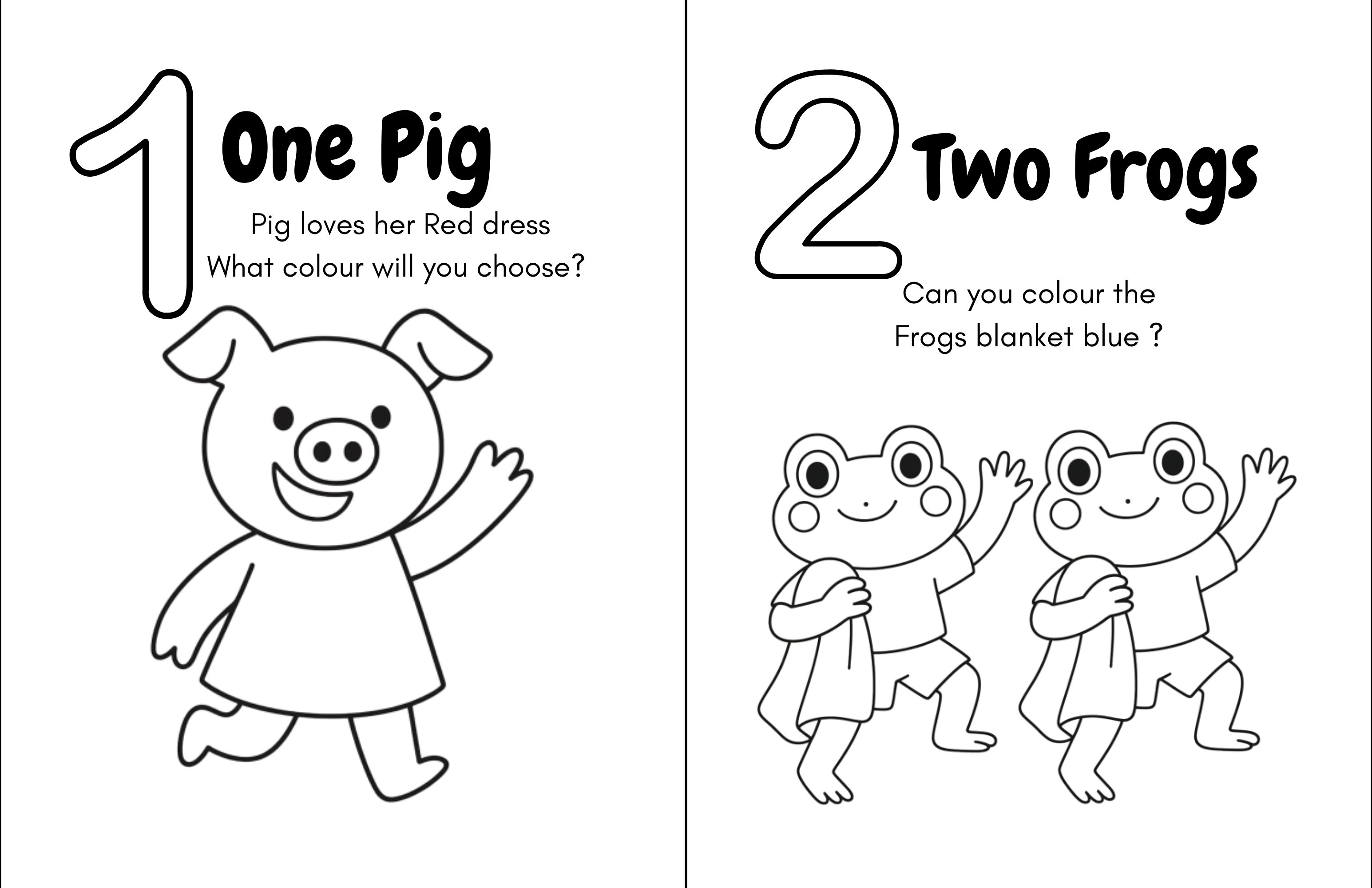 Two-page counting and colouring activity featuring one Pig and two Frogs.