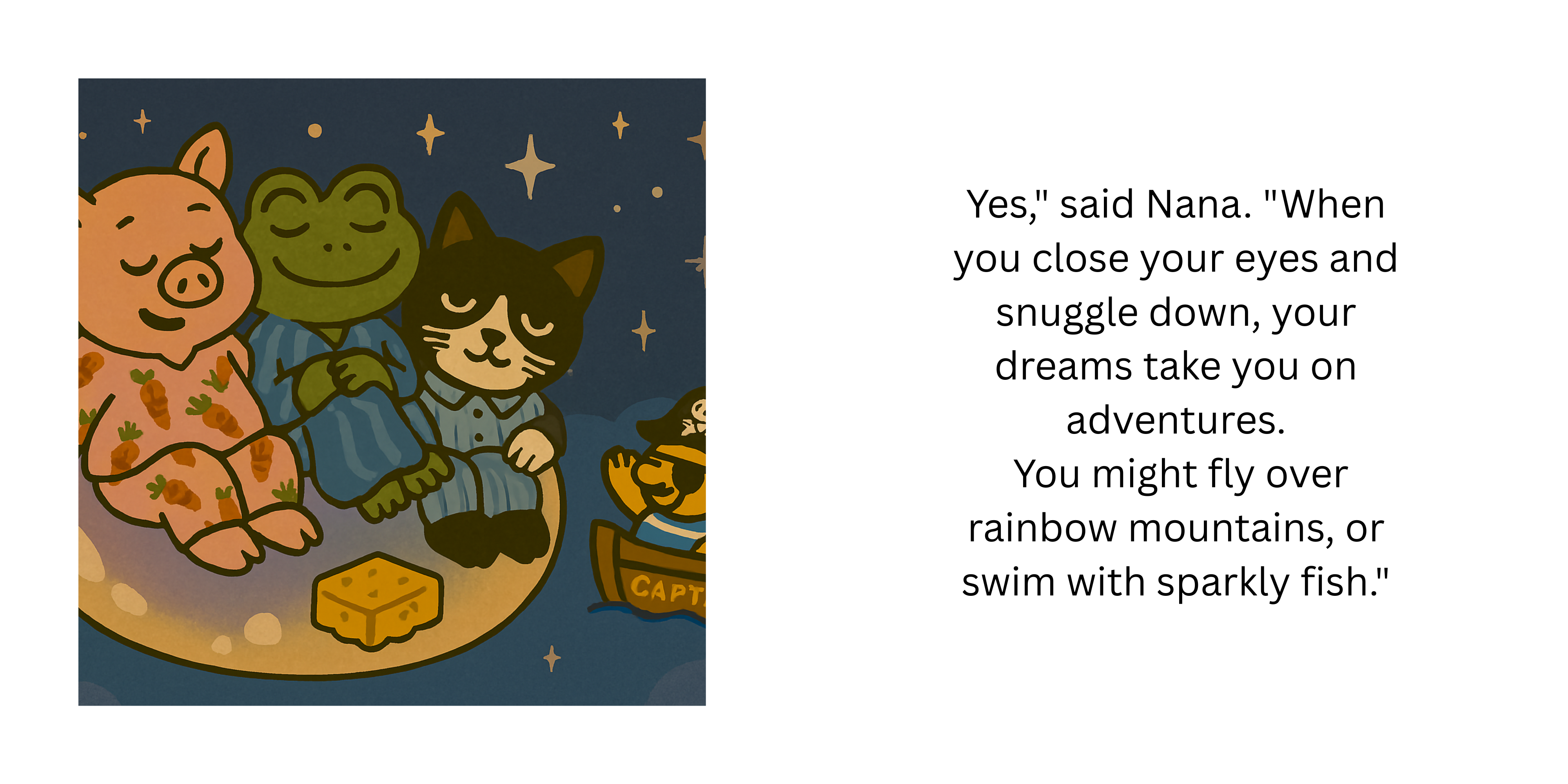 Two-page spread showing Pig, Frog and Cat dreaming together among stars and adventures.