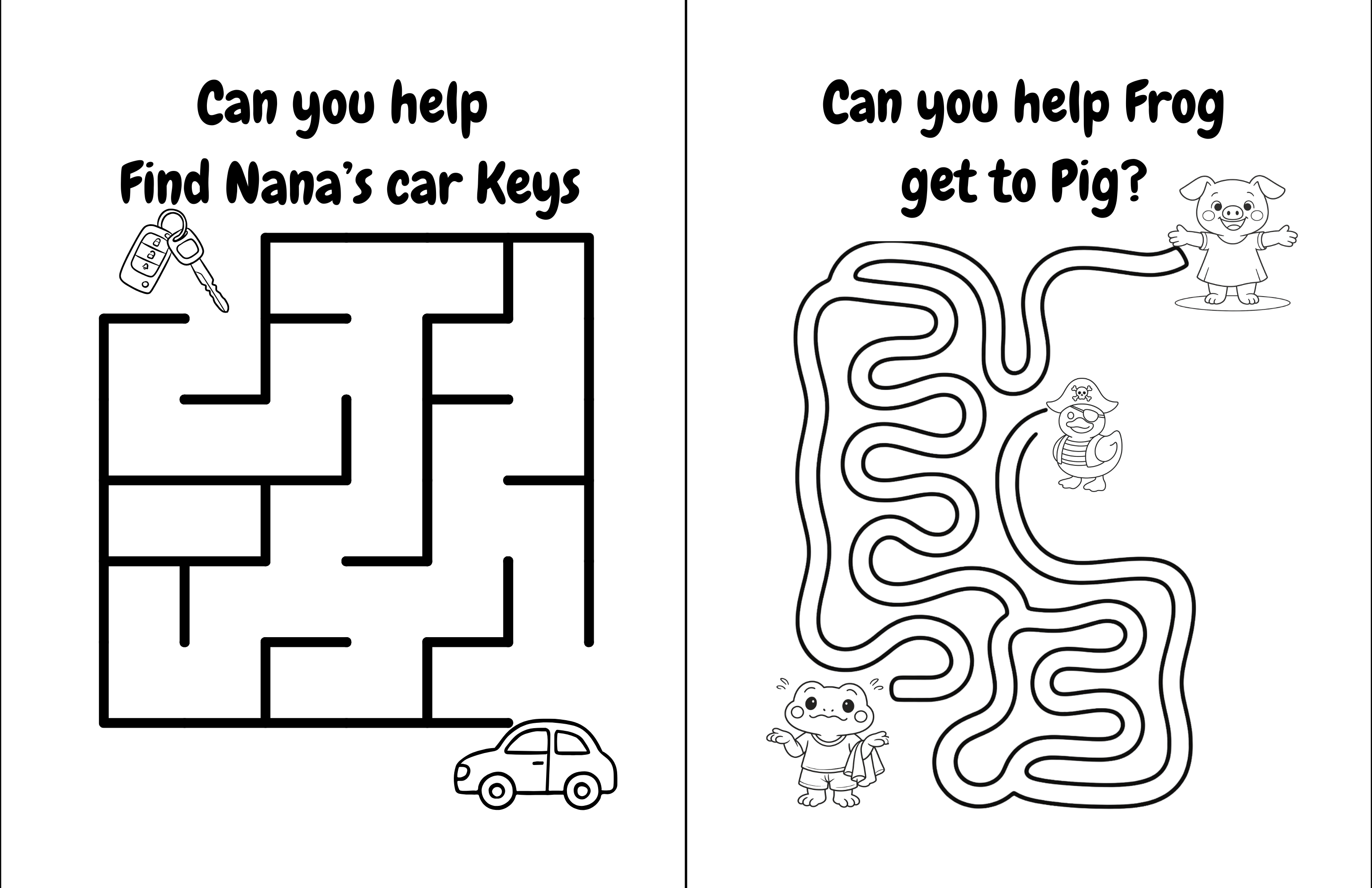 Two-page maze activity helping find Nana’s car keys and guiding Frog to Pig.