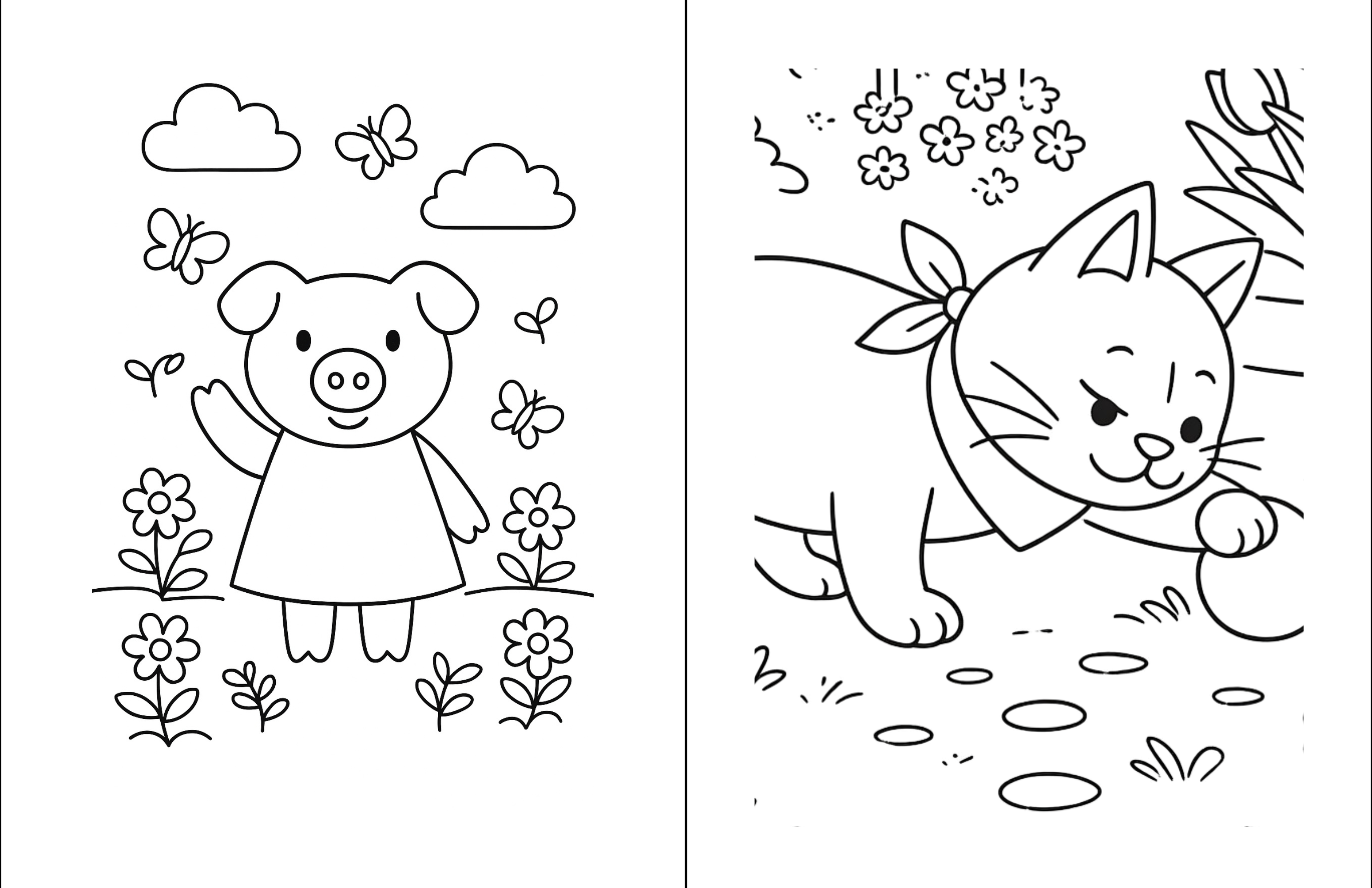 Two-page colouring activity showing Pig among flowers and Cat playing outdoors.