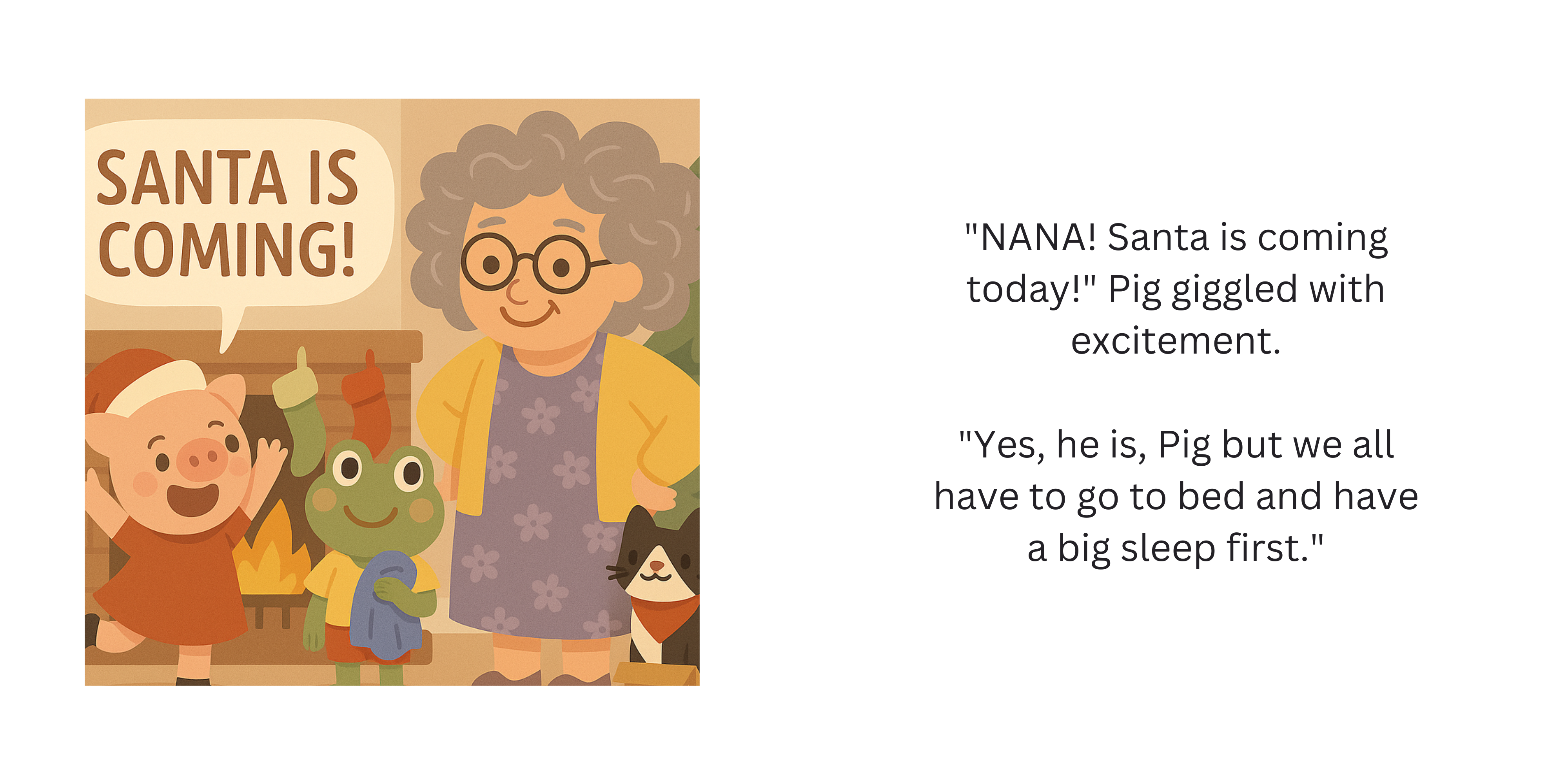 Two-page spread showing an excited Pig with Frog, Cat and Nana on Christmas Eve.