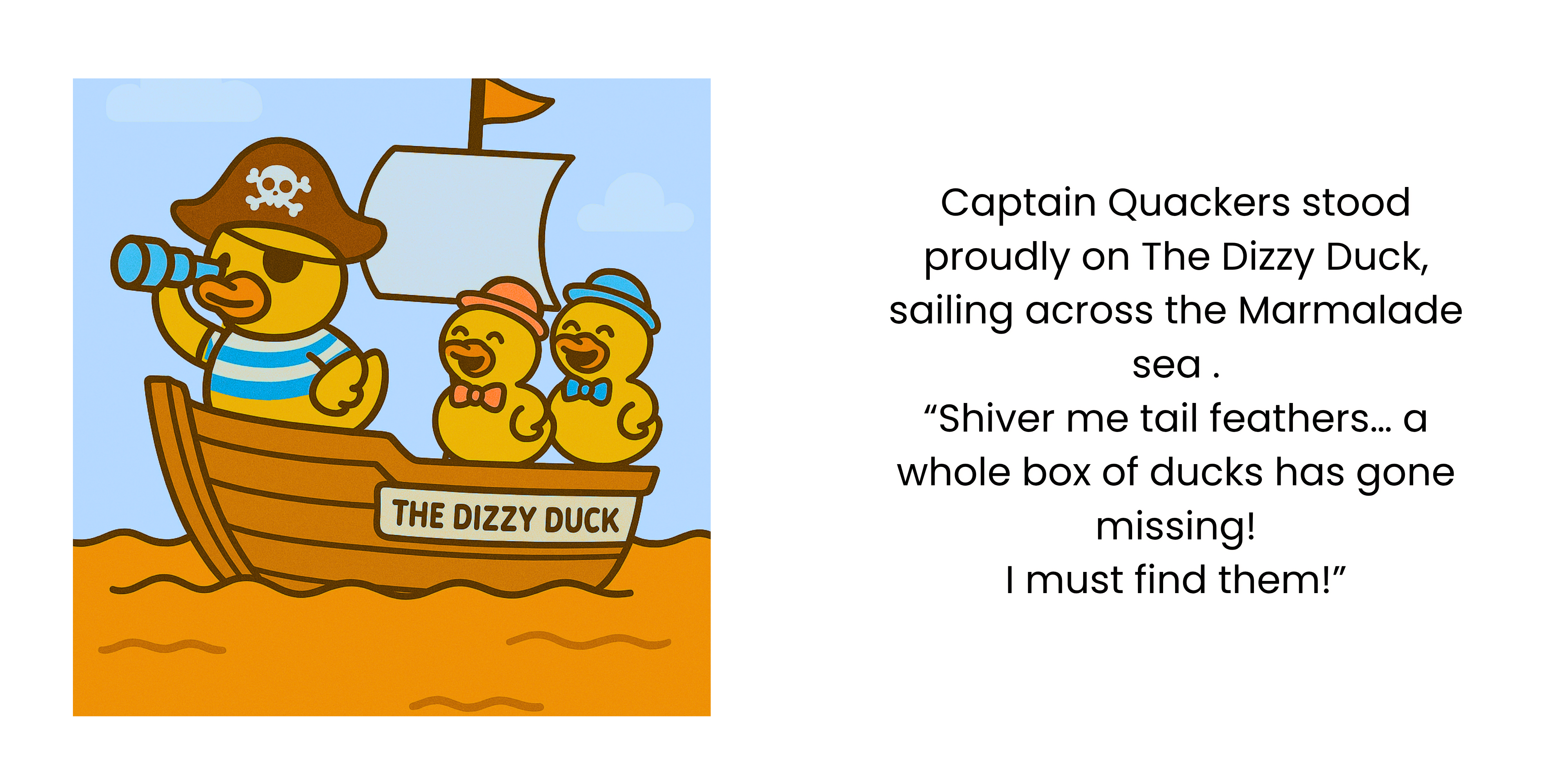 Two-page spread showing Captain Quackers and two ducks sailing aboard The Dizzy Duck.